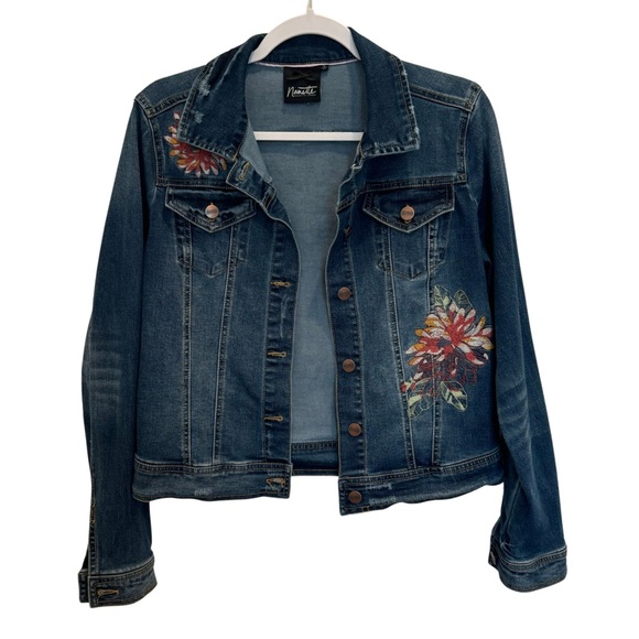 Nanette Lepore Jean Jacket Size S Embroidered Stretch Denim Distressed Jacket - Picture 2 of 9